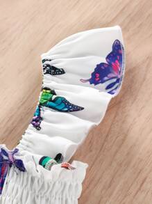 SHEIN 小女童蝴蝶圖案打褶荷葉邊上衣和紙袋腰腰帶半身裙 - 白色 - 查看 3