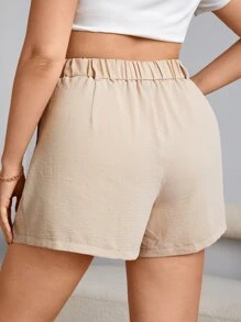 SHEIN Essnce Plus High Waist Plicated Detail Shorts - Khaki - View 2