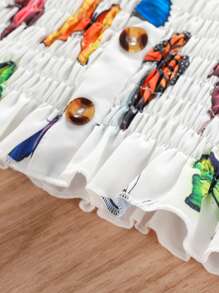 SHEIN 小女童蝴蝶圖案打褶荷葉邊上衣和紙袋腰腰帶半身裙 - 白色 - 查看 5