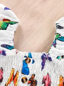 SHEIN 小女童蝴蝶圖案打褶荷葉邊上衣和紙袋腰腰帶半身裙 - 白色 - 查看 6