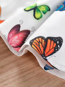 SHEIN 小女童蝴蝶圖案打褶荷葉邊上衣和紙袋腰腰帶半身裙 - 白色 - 查看 7