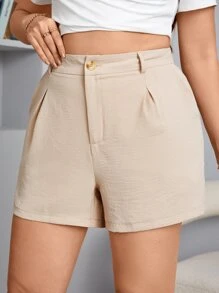 SHEIN Essnce Plus High Waist Plicated Detail Shorts - Khaki - View 5