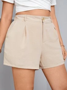 SHEIN Essnce Plus High Waist Plicated Detail Shorts - Khaki - View 6