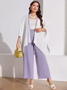 Mulvari Plus Contrast Trim Batwing Sleeve Asymmetrical Hem Kimono & Trousers - Multicolor - View 1