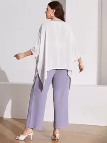 Mulvari Plus Contrast Trim Batwing Sleeve Asymmetrical Hem Kimono & Trousers - Multicolor - View 2