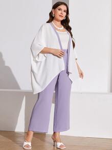 Mulvari Plus Contrast Trim Batwing Sleeve Asymmetrical Hem Kimono & Trousers - Multicolor - View 3