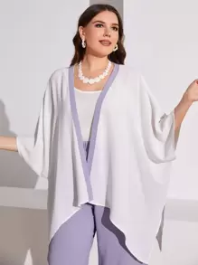 Mulvari Plus Contrast Trim Batwing Sleeve Asymmetrical Hem Kimono & Trousers - Multicolor - View 4