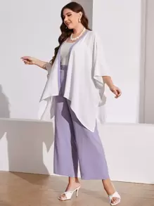 Mulvari Plus Contrast Trim Batwing Sleeve Asymmetrical Hem Kimono & Trousers - Multicolor - View 5