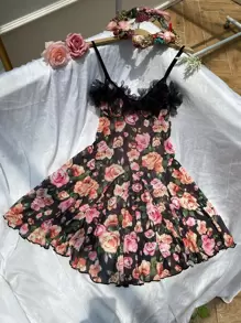 印花貼花網紗吊帶睡裙 - 彩色 - 查看 1