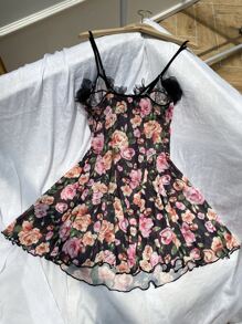 印花貼花網紗吊帶睡裙 - 彩色 - 查看 2