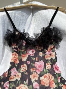 印花貼花網紗吊帶睡裙 - 彩色 - 查看 3