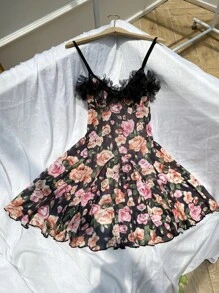 印花貼花網紗吊帶睡裙 - 彩色 - 查看 4