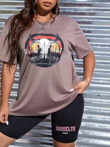 SHEIN EZwear Áo thun Plus size Đồ họa Lá thư Giải trí - Màu nâu  Mocha - Xem 1