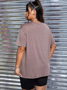 SHEIN EZwear Áo thun Plus size Đồ họa Lá thư Giải trí - Màu nâu  Mocha - Xem 2