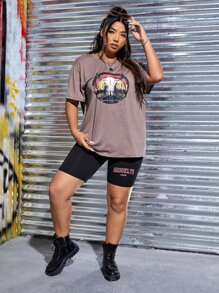 SHEIN EZwear Áo thun Plus size Đồ họa Lá thư Giải trí - Màu nâu  Mocha - Xem 3