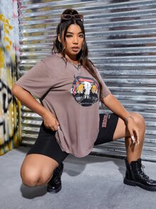 SHEIN EZwear Áo thun Plus size Đồ họa Lá thư Giải trí - Màu nâu  Mocha - Xem 5