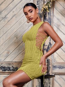 SHEIN BAE Lace Up Side Textured Bodycon Dress - Olive Green - View 1