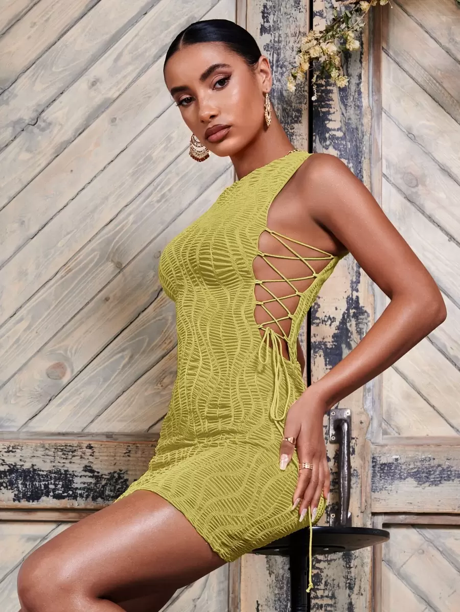 SHEIN BAE Lace Up Side Textured Bodycon Dress - Olive Green - View 1