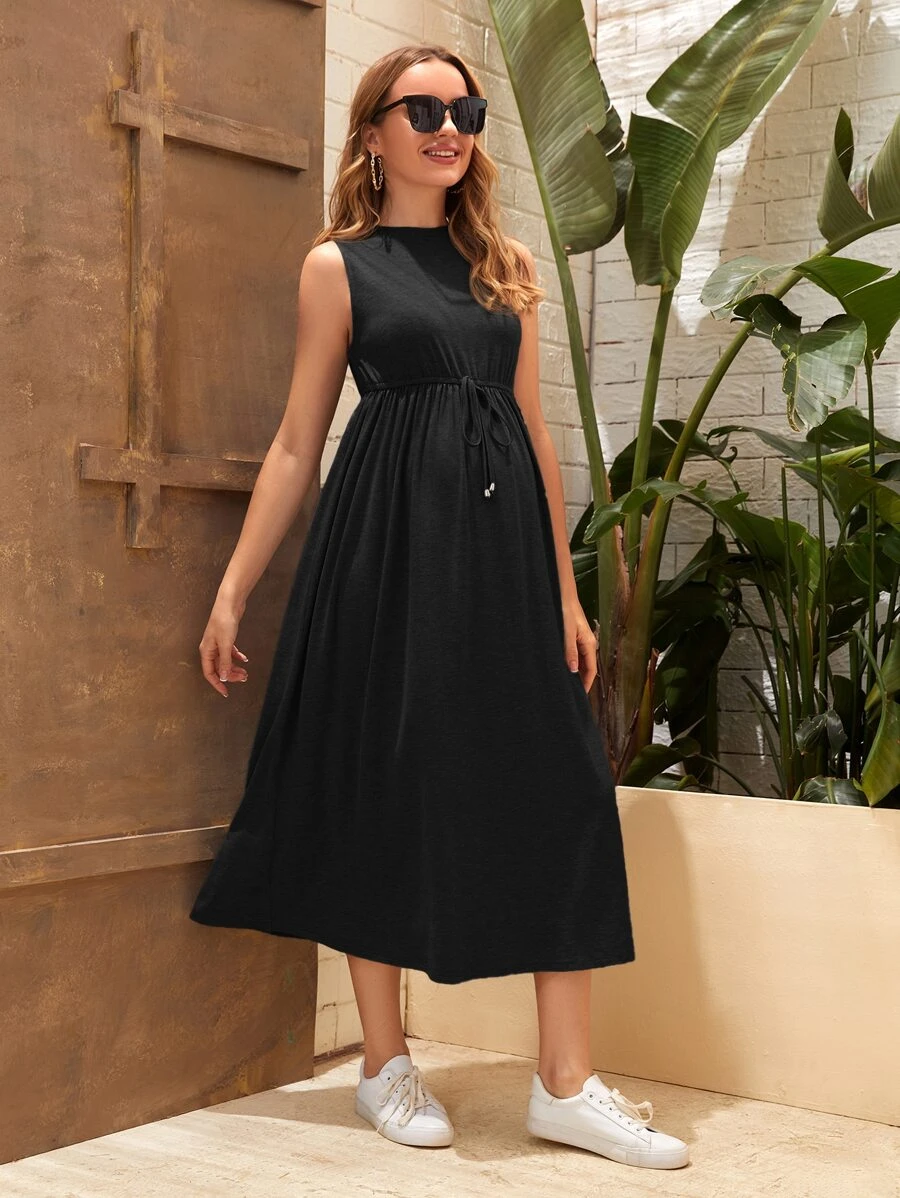SHEIN Maternity Knot Waist Solid Dress - Black - View 1