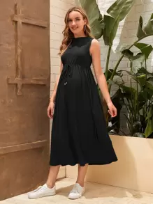 SHEIN Maternity Knot Waist Solid Dress - Black - View 4