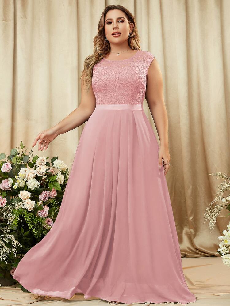 MIUSOL Plus Contrast Floral Lace Chiffon Zip Back Party Maxi Formal Dress - Dusty Pink - View 1