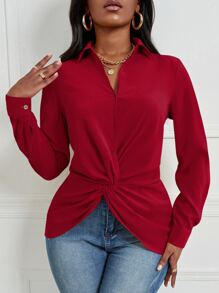SHEIN Slayr Twist Front Asymmetrical Hem Blouse - Burgundy - View 1