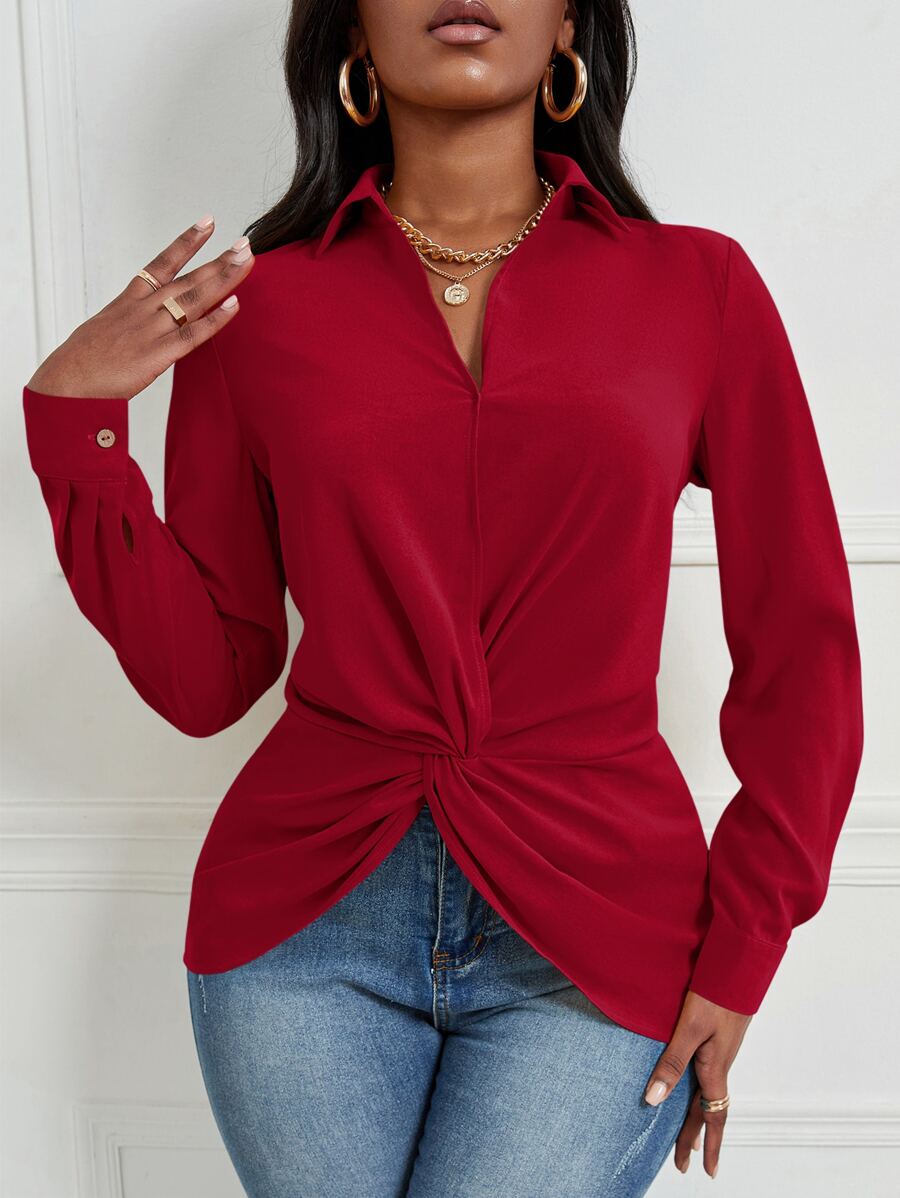 SHEIN Slayr Twist Front Asymmetrical Hem Blouse - Burgundy - View 1