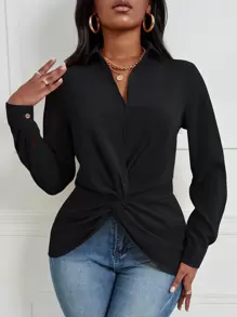 VaVaBold Twist Front Asymmetrical Hem Blouse - Black - View 1