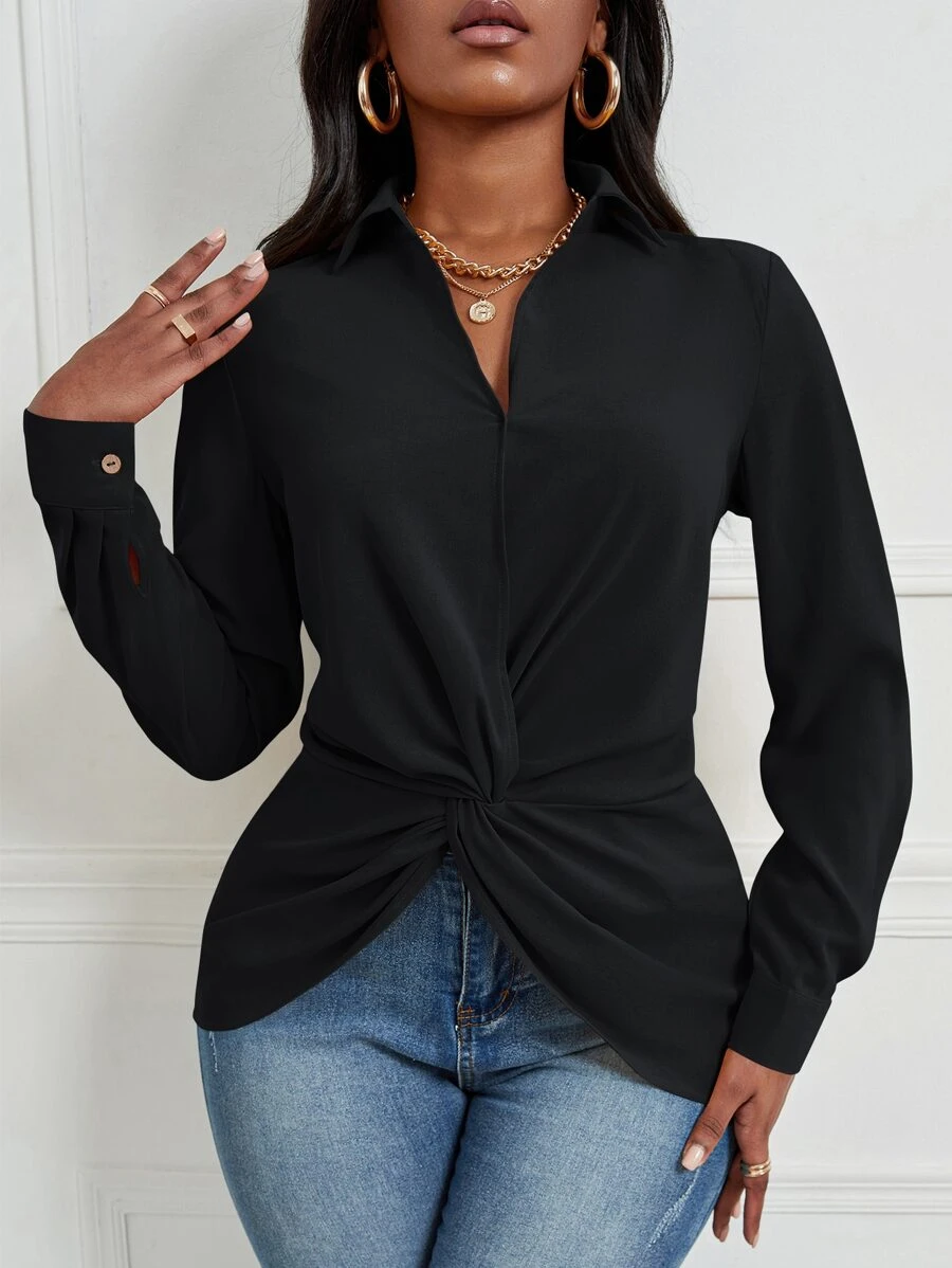 VaVaBold Twist Front Asymmetrical Hem Blouse - Black - View 1