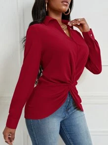 SHEIN Slayr Twist Front Asymmetrical Hem Blouse - Burgundy - View 4