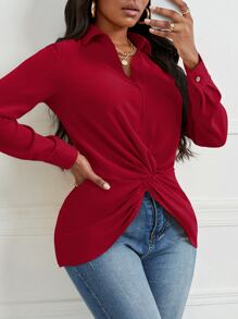 SHEIN Slayr Twist Front Asymmetrical Hem Blouse - Burgundy - View 5