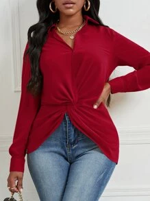 SHEIN Slayr Twist Front Asymmetrical Hem Blouse - Burgundy - View 6