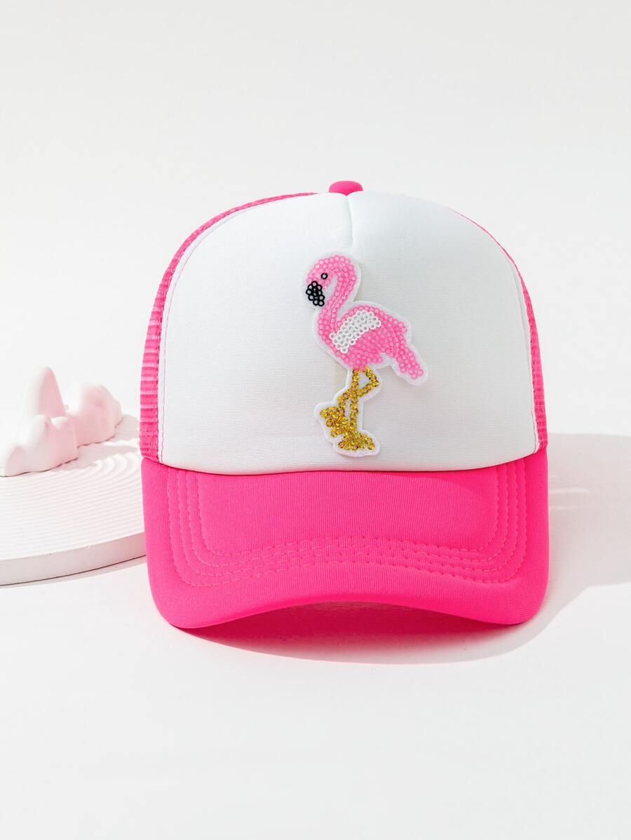 Cute 1pc Women Fashion Best Sequin Flamingo Patched Trucker Hat - Hot Pink - View 1