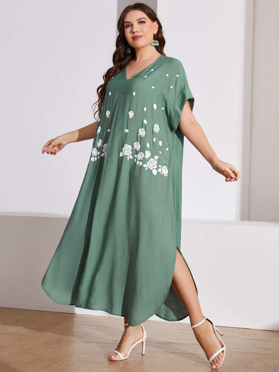 Al Najma Plus Floral Print Batwing Sleeve Curved Hem Dress - Green - View 1