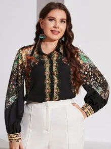 Mulvari 大碼佩斯利和花圖案燈籠袖襯衫