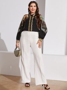 Mulvari 大碼佩斯利和花圖案燈籠袖襯衫