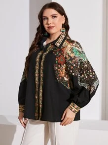 Mulvari 大碼佩斯利和花圖案燈籠袖襯衫