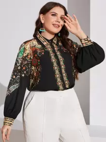 Mulvari 大碼佩斯利和花圖案燈籠袖襯衫