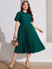 SHEIN Clasi 大碼百褶下擺襯衫連衣裙 - 墨綠色 - 查看 1