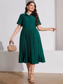 SHEIN Clasi 大碼百褶下擺襯衫連衣裙 - 墨綠色 - 查看 2