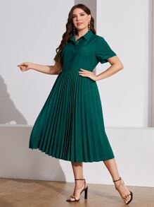 SHEIN Clasi 大碼百褶下擺襯衫連衣裙 - 墨綠色 - 查看 4