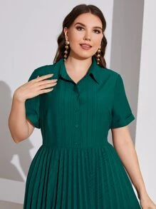 SHEIN Clasi 大碼百褶下擺襯衫連衣裙 - 墨綠色 - 查看 5