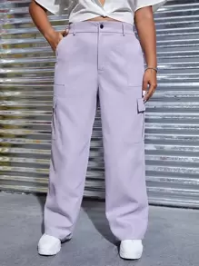 SHEIN EZwear 大碼高腰翻蓋口袋工裝褲