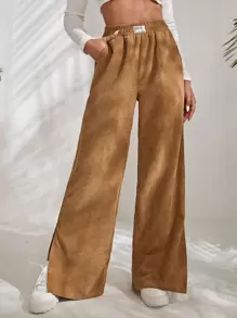 SHEIN EZwear Quần nữ Đắp vá Túi Chia Lá thư Giải trí - màu nâu - Xem 3