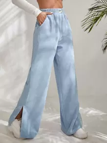 SHEIN EZwear Letter Patched Slit Hem Corduroy Trousers - Baby Blue - View 1