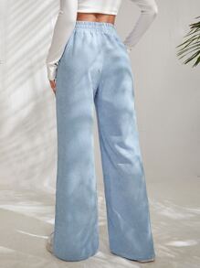 SHEIN EZwear Letter Patched Slit Hem Corduroy Trousers - Baby Blue - View 2