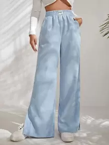 SHEIN EZwear Letter Patched Slit Hem Corduroy Trousers - Baby Blue - View 3