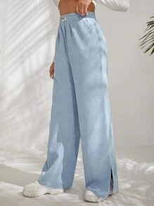 SHEIN EZwear Letter Patched Slit Hem Corduroy Trousers - Baby Blue - View 4