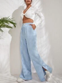 SHEIN EZwear Letter Patched Slit Hem Corduroy Trousers - Baby Blue - View 5