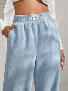 SHEIN EZwear Letter Patched Slit Hem Corduroy Trousers - Baby Blue - View 6